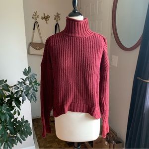 Maroon Turtle Neck Cropped Oversized Knit Sweater